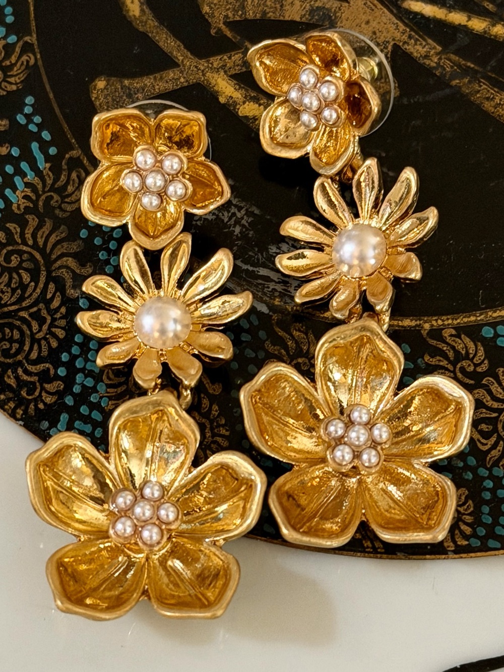 Oscar de la Renta Earrings Triple Gold Flower with Pearl accents Pierced/Post